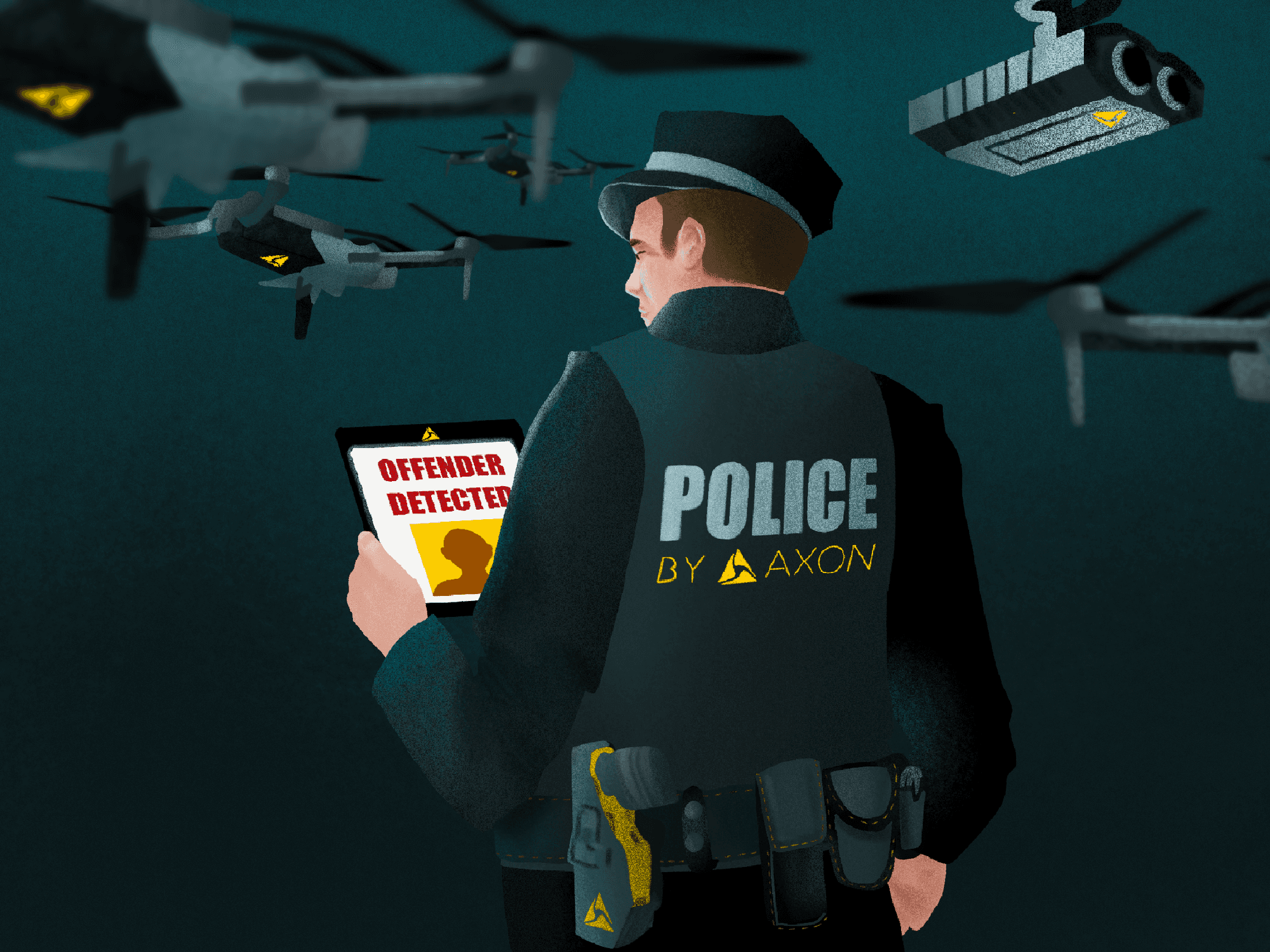 An illustration depicting a cop wearing an Axon-sponsored bullet-proof vest and an Axon Taser gun, while Axon drones surround him and the Axon laptop he is holding detects a suspect.