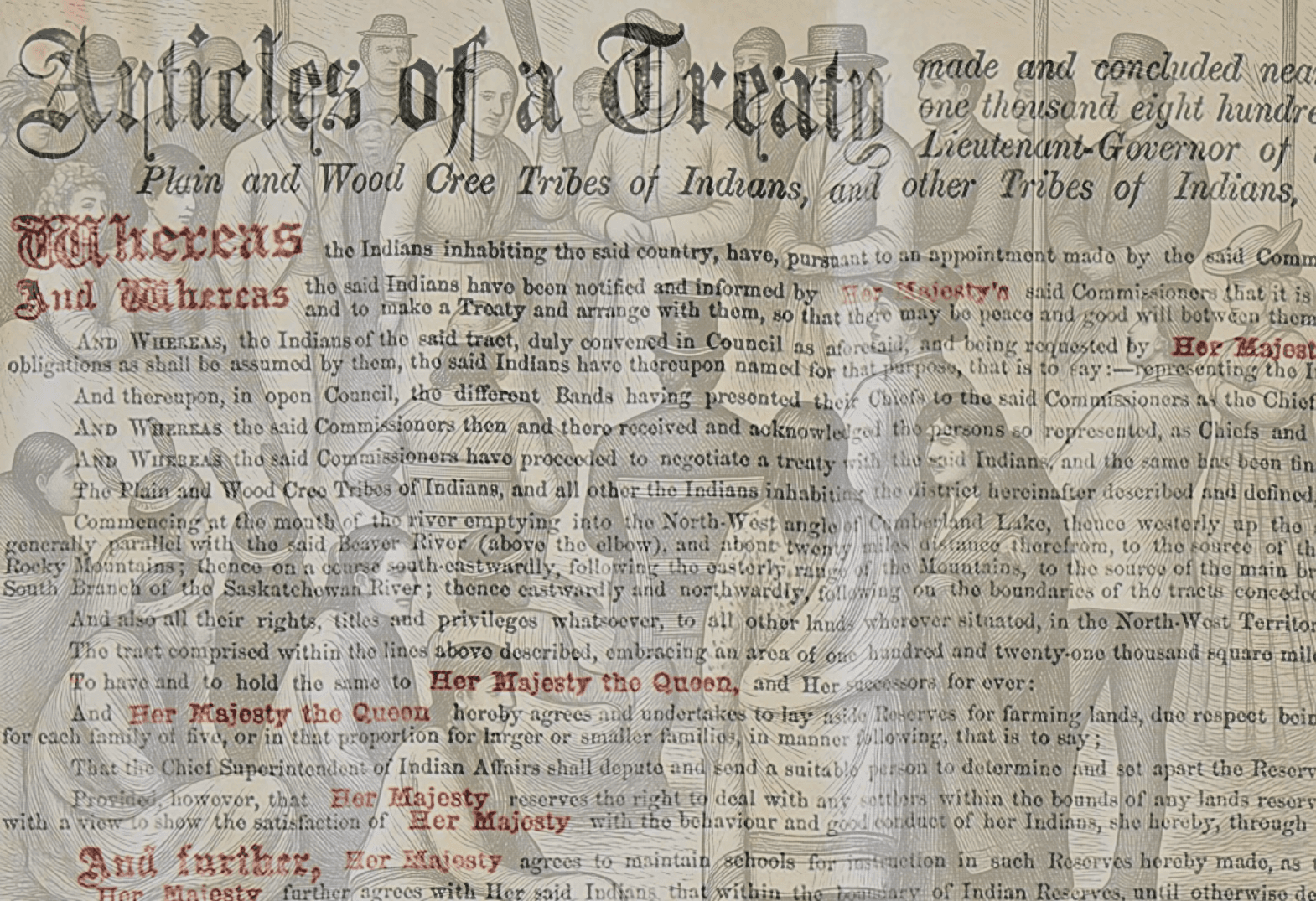 A black-and-white illustration of First Nations people and Crown representatives gathered for the signing of Treaty 1 is layered over the written text of Treaty 6.